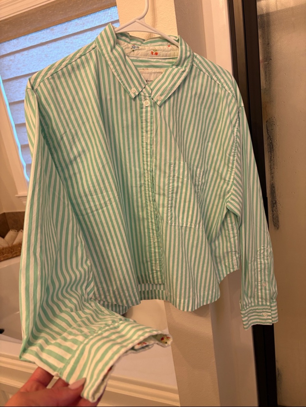 American Eagle Outfitters Mint Green and White Striped Button-Up Top